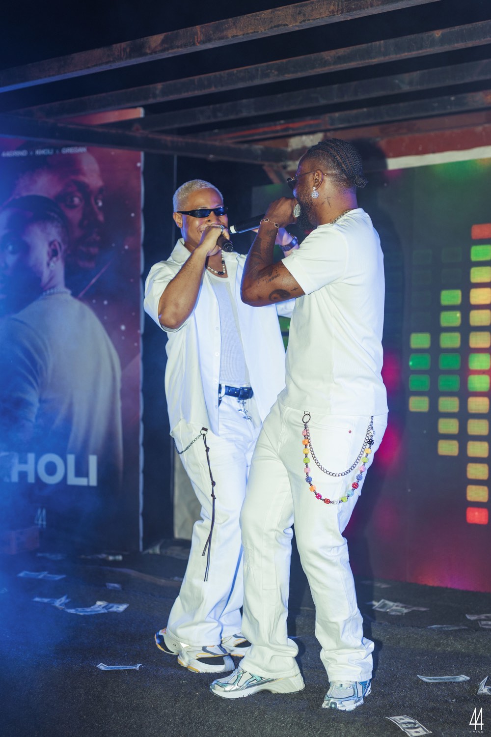 Kholi and Gregan performing together on stage at the Kaluba Listening Party.
